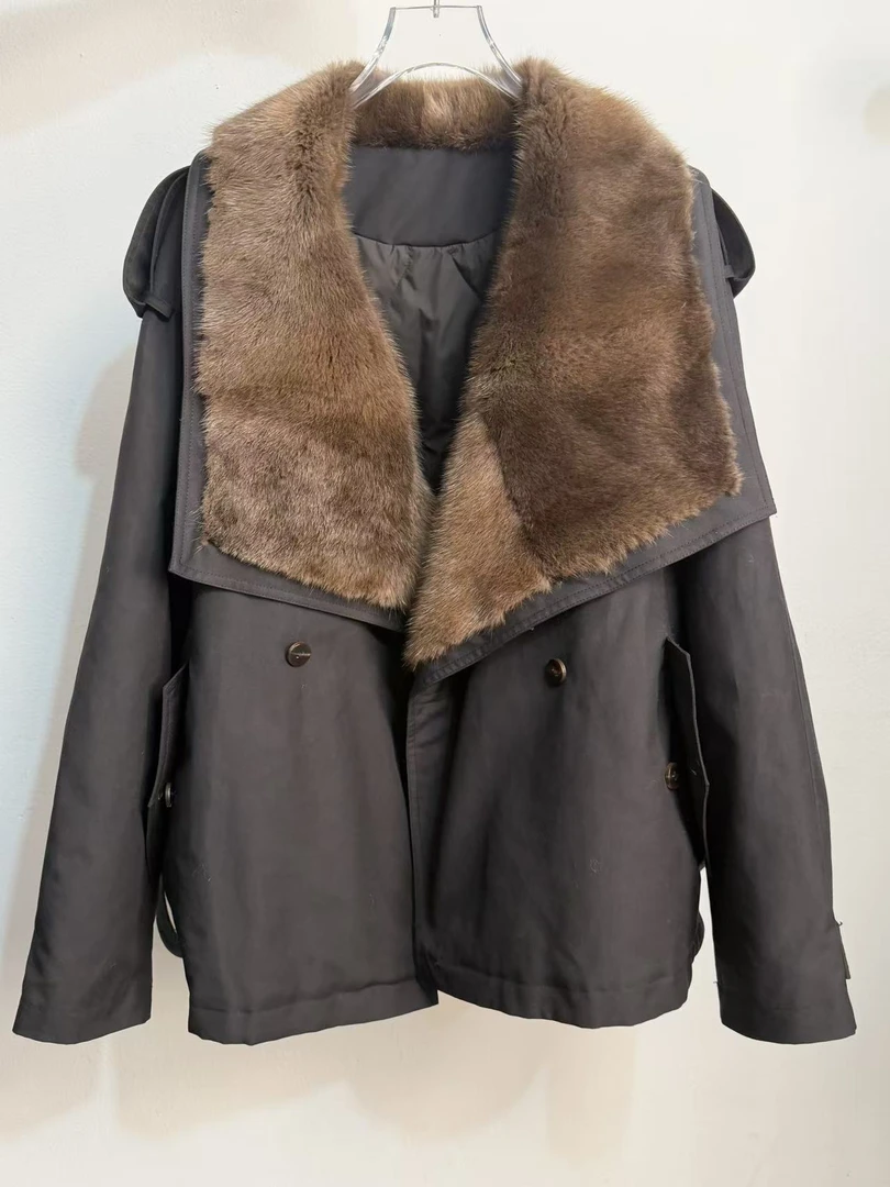 冬季时尚系带保暖青根貂皮草风衣鹅绒服百搭