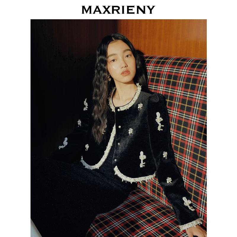 【时髦暖冬-商场同款】MAXRIENY宫廷复古风钉珠短款外套24冬新款