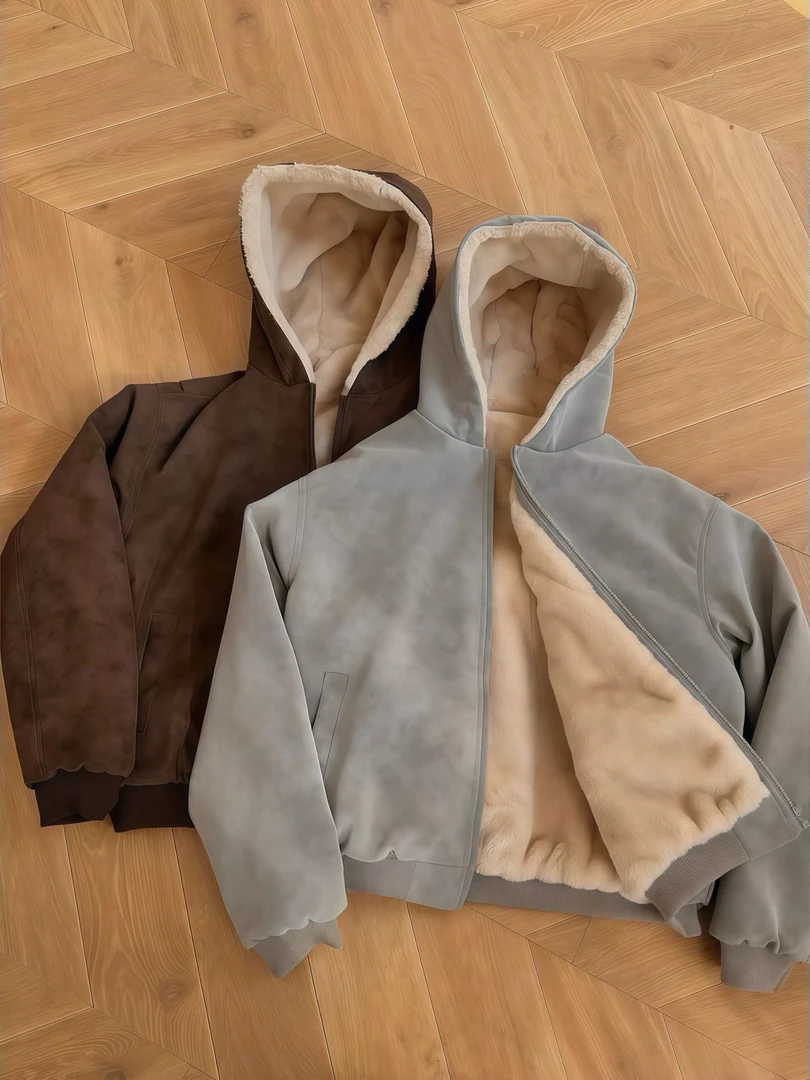 一件过冬~PU皮座山雕男女休闲复古加绒保暖仿兔毛连帽棉衣外套