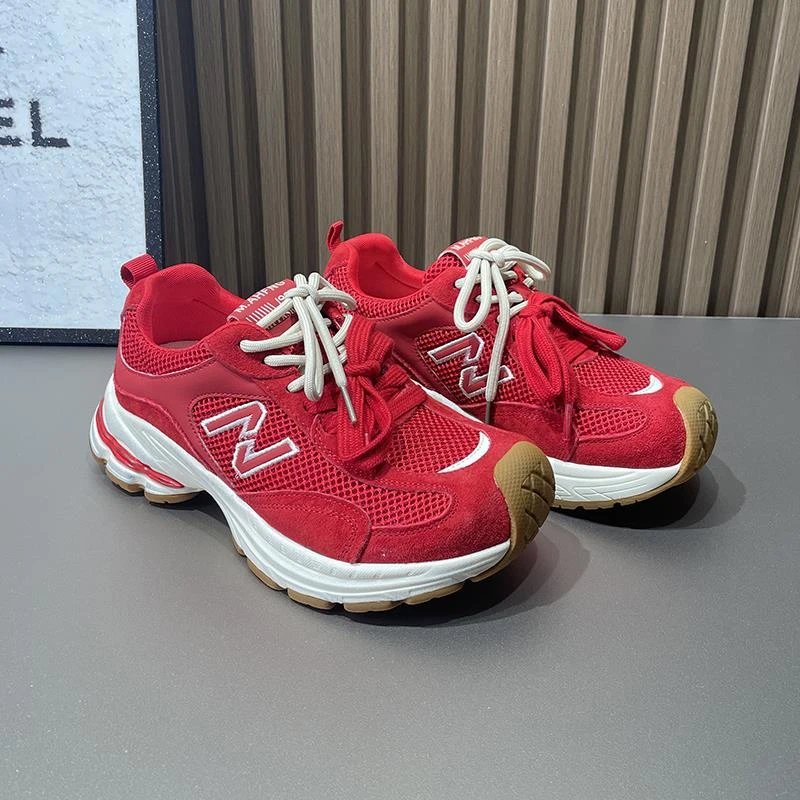 红色老爹鞋子女2025秋季新款透气网面女鞋厚底增高休闲运动阿甘鞋