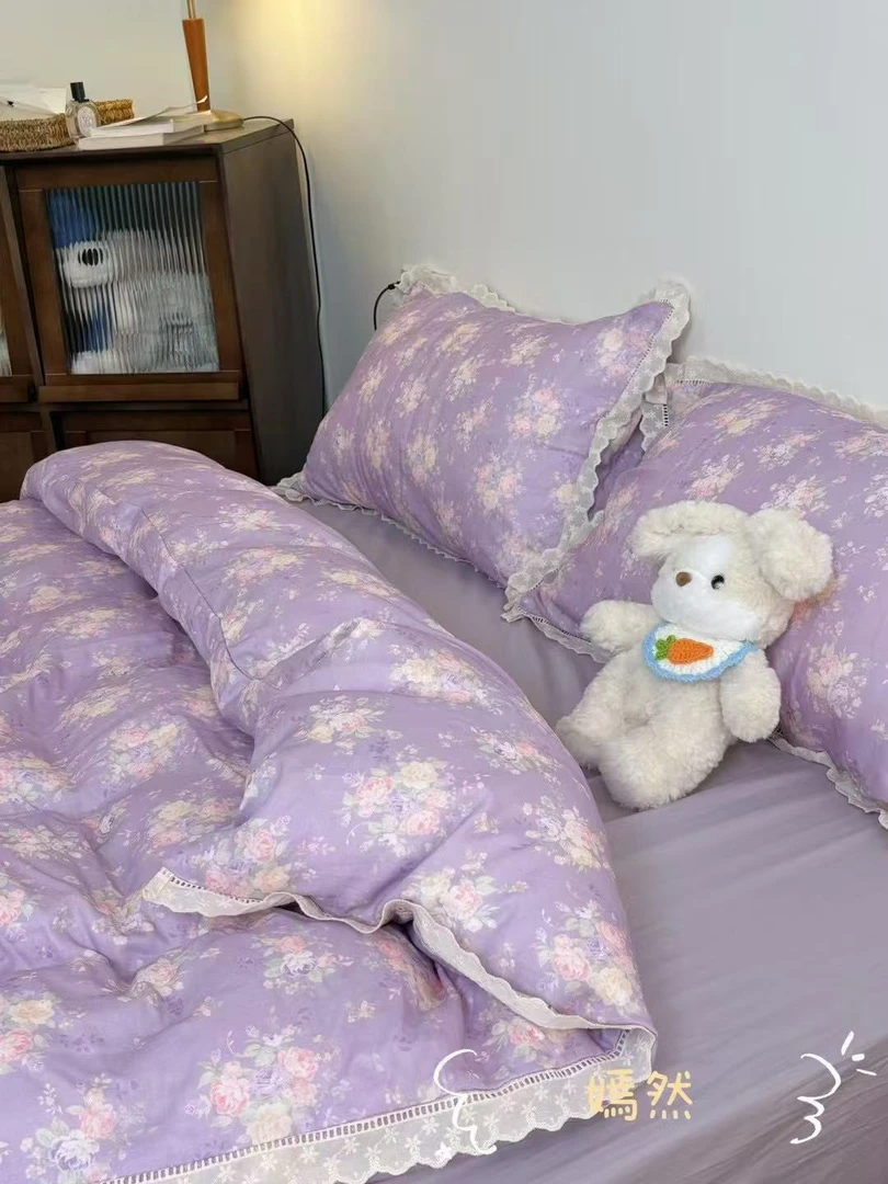 法式花边款双层纱四件套纯棉母婴A类全棉套件印花公主风床上用品