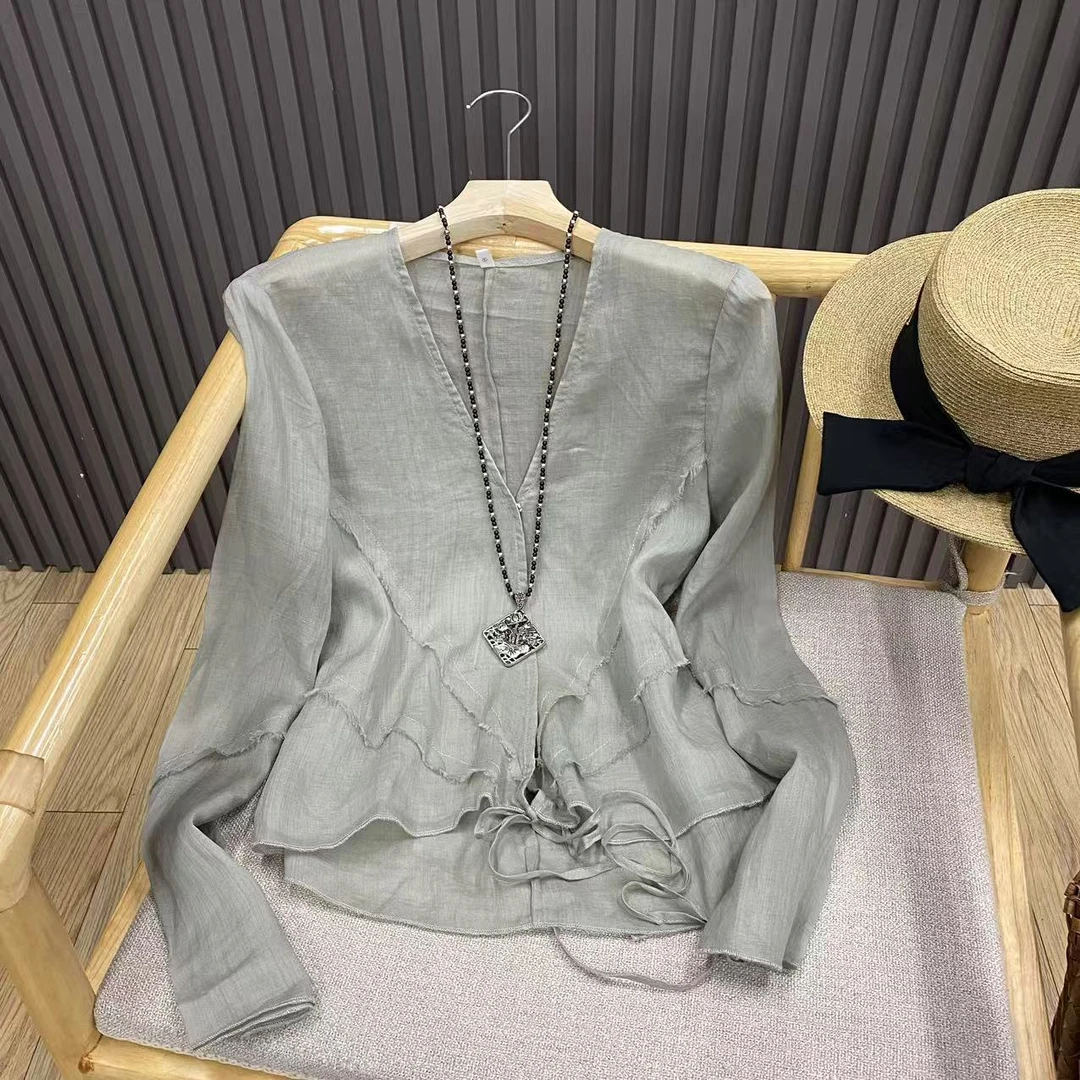 复古小众系带苎麻长袖小衫V领毛边设计感百搭文艺上衣女Cq298