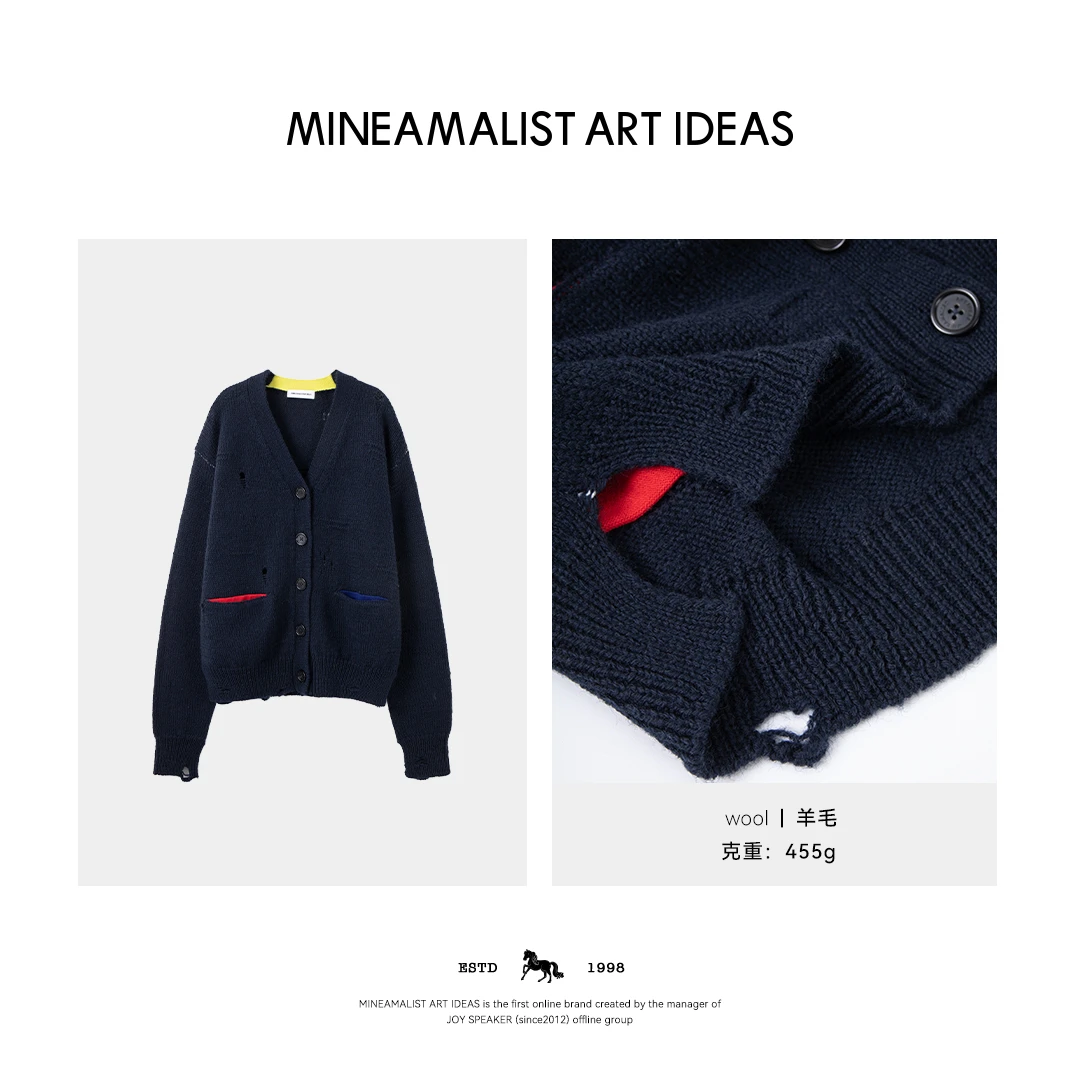 MINEAMALIST ART IDEAS25早春撞色破坏羊毛针织开衫外套3103M