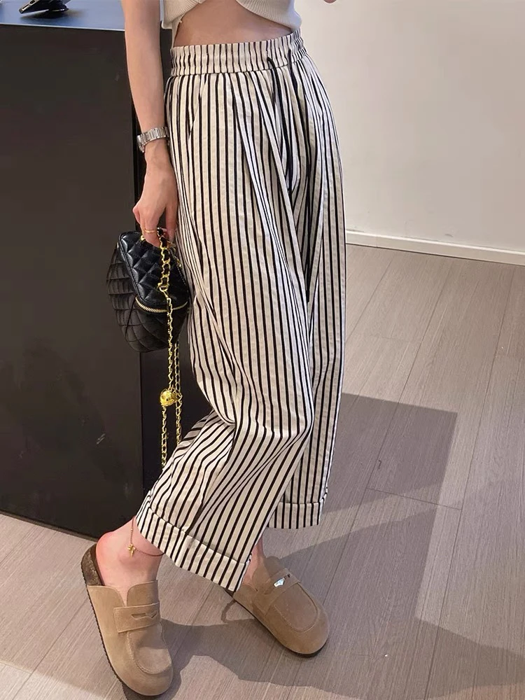 董小姐/高腰条纹松紧腰阔腿裤薄款女裤宽松百搭休闲裤子