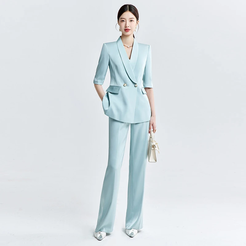 2025夏季薄新款时尚短袖薄荷绿西服外套通勤西装套装女职业工作服