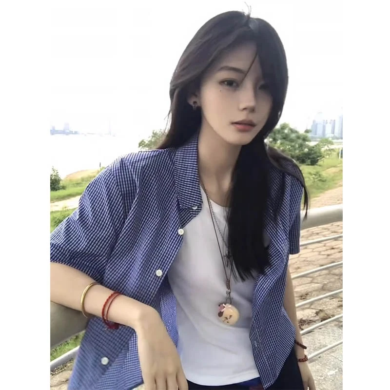 蓝色格子短袖衬衫男女夏季高级感学院风格纹衬衣美式cleanfit外套