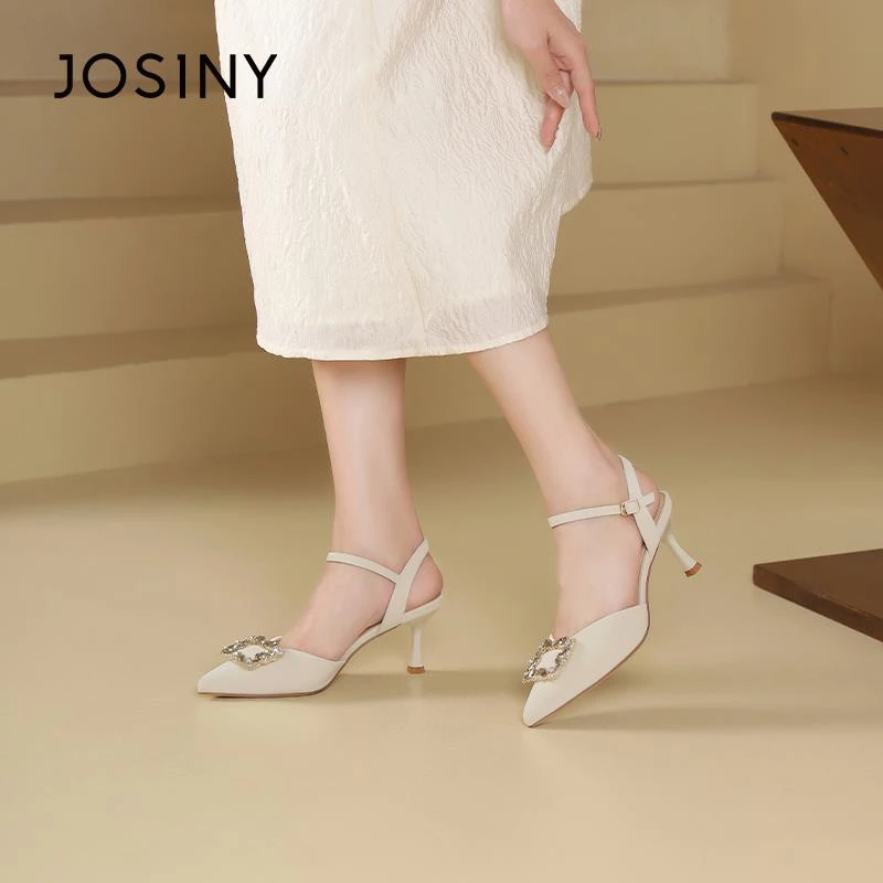 卓诗尼2024夏季新款法式尖头细高跟鞋一字带包头百搭女士时装凉鞋