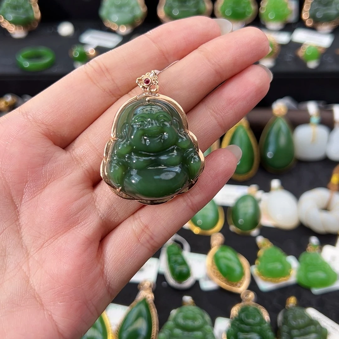 和田玉（碧玉）18K金镶嵌吊坠(不含链)佛公30mm