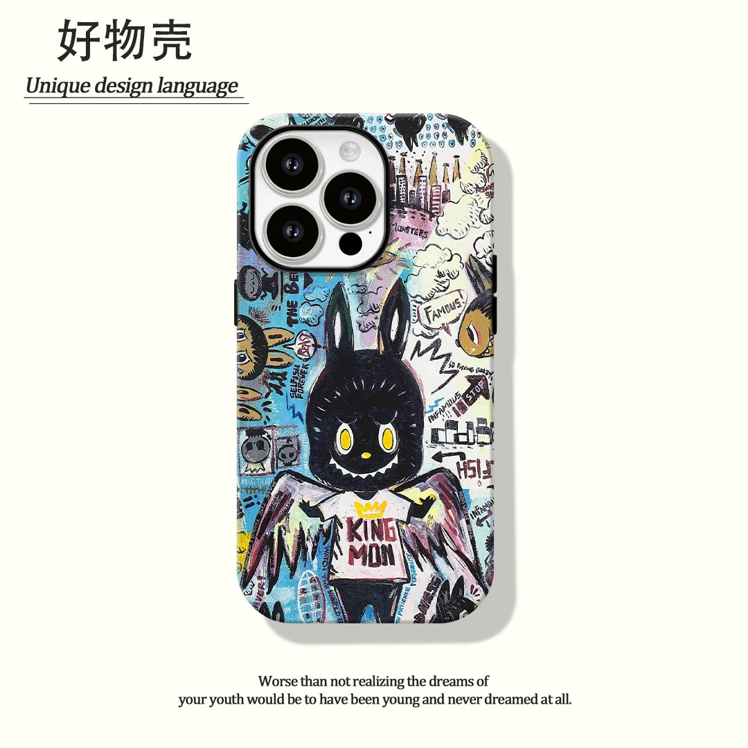 涂鸦黑猫菲林二合一适用苹果17promax华为vivo小米oppo手机壳防汗