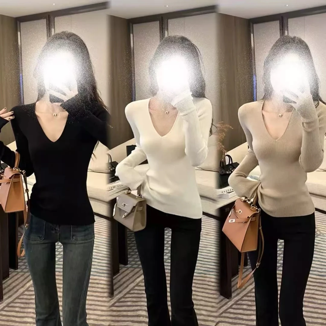 七色v领长袖针织打底A18