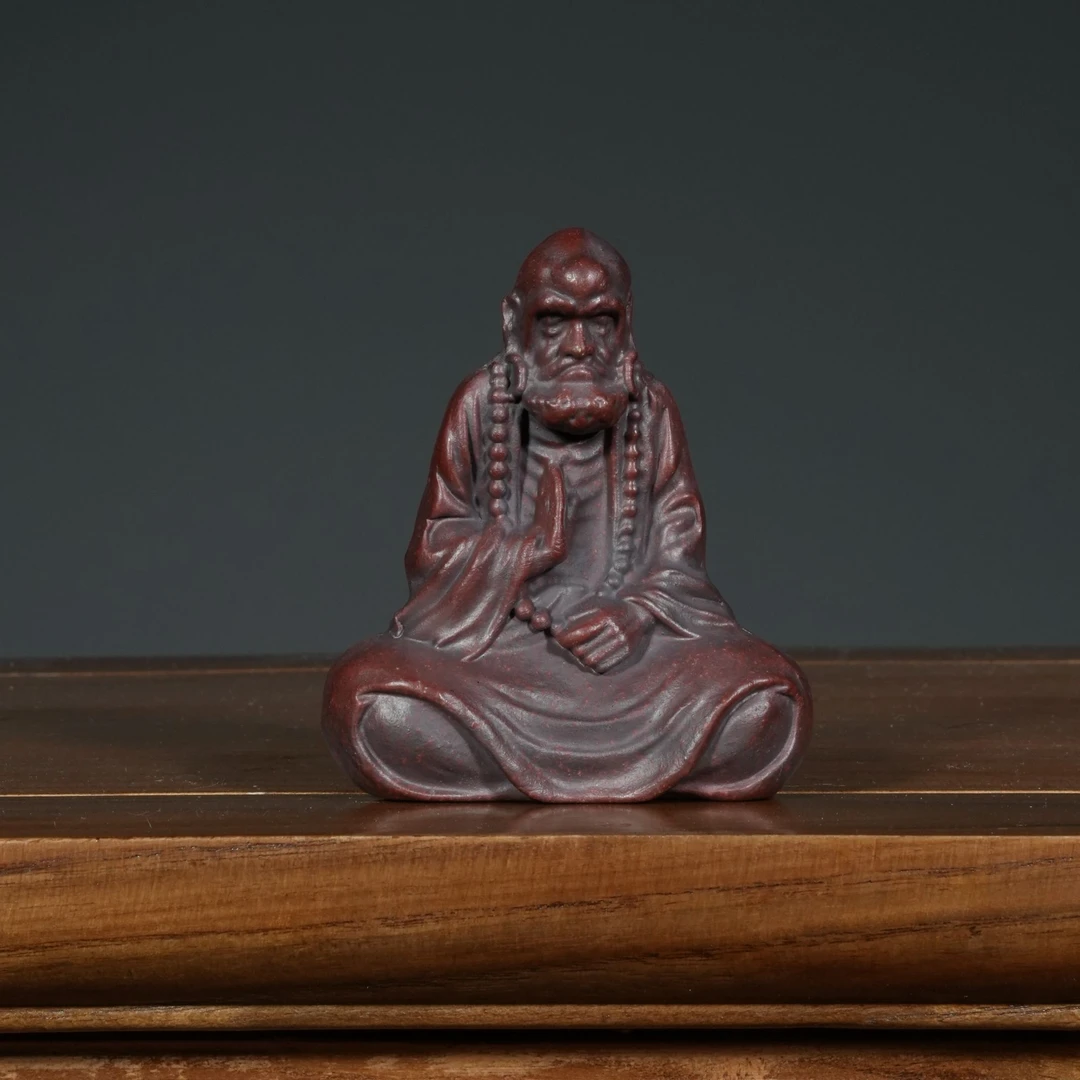 F299宜兴原矿高温石红雕塑《达摩》紫砂手工茶宠茶玩茶道摆件