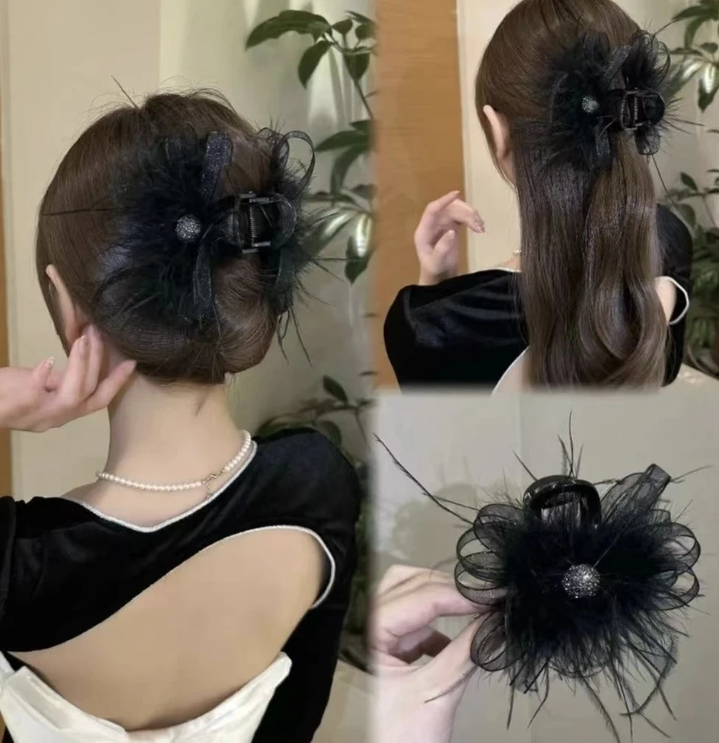 超仙高级感闪闪丝带羽毛抓夹鲨鱼夹春夏女后脑勺毛毛发夹盘发夹子