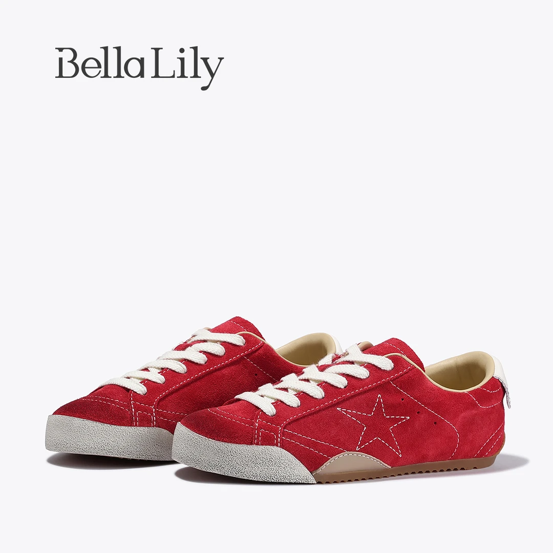 BellaLily秋季新款复古红星星板鞋女牛皮做旧脏脏鞋休闲潮鞋