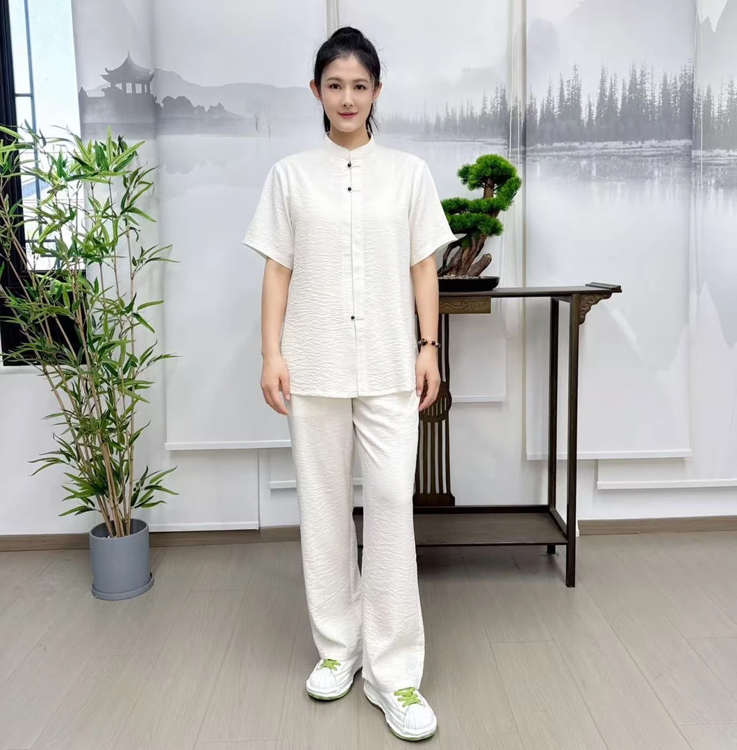 【天天推荐】夏季轻薄透气简约时尚皱麻短袖套装