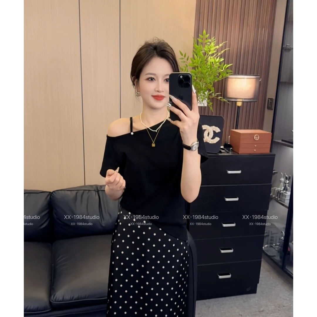 1984 精选【斜肩珍珠】设计感时尚百搭显瘦上衣