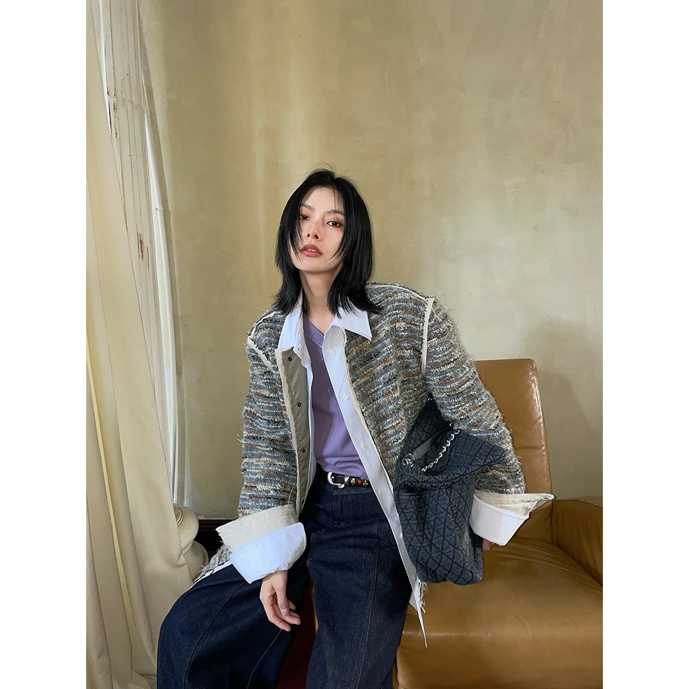 JCCC影子【塞纳旋律】杂线设计感圆领毛边系扣销项外套JE4LSW12