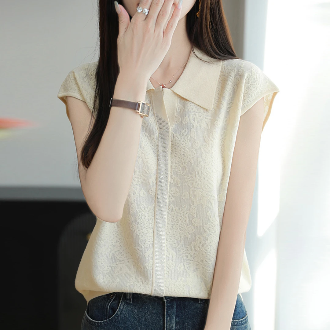 微胖mm夏装大码衬衫冰丝针织衫女士无袖t恤遮肚子巨显瘦翻领上衣