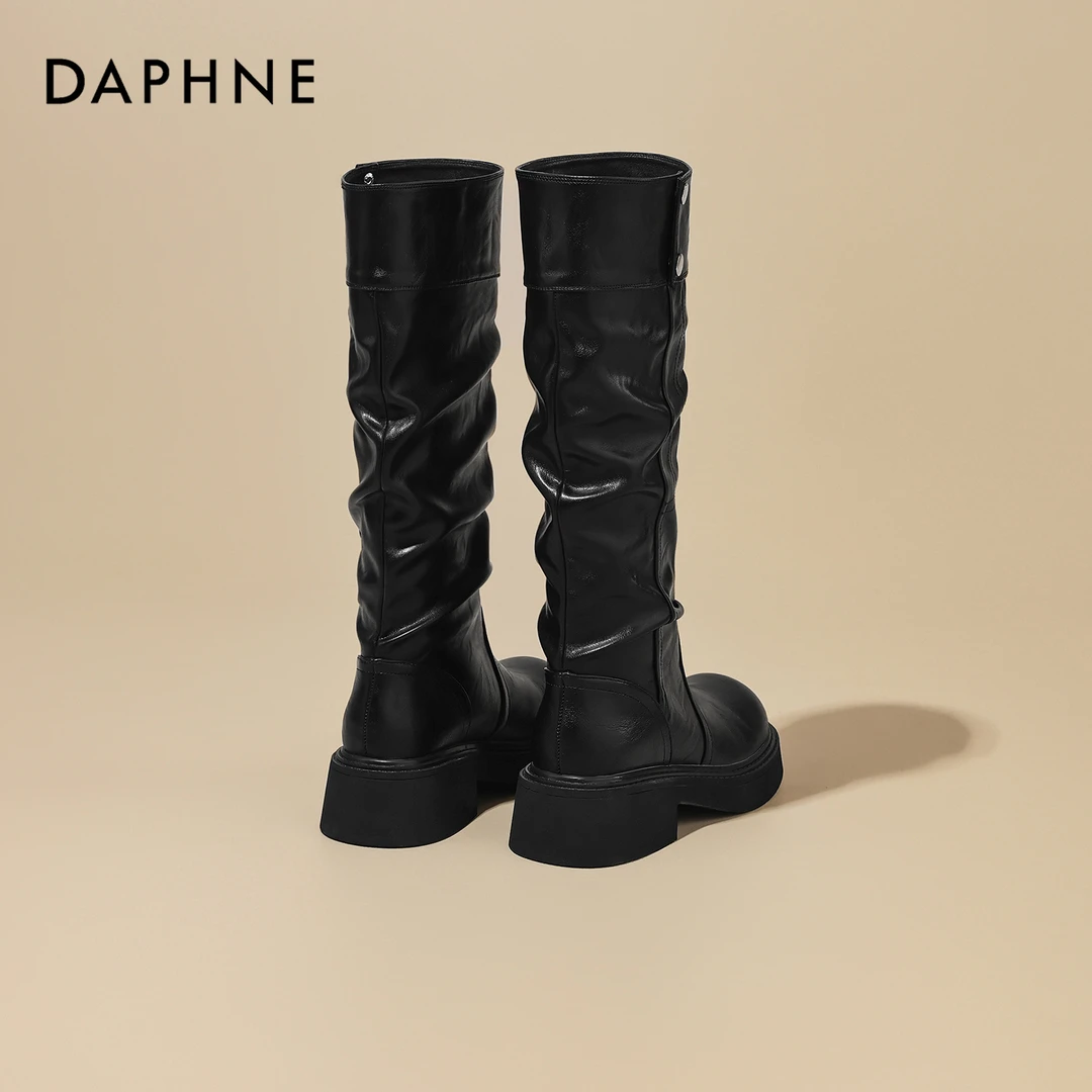 达芙妮厚底百搭显瘦褶皱堆堆靴女2025秋冬新款骑士靴美拉德长筒靴