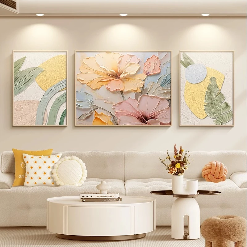奶油风大芬油画村装饰画简约肌理感花卉三联挂画客厅背景墙挂画