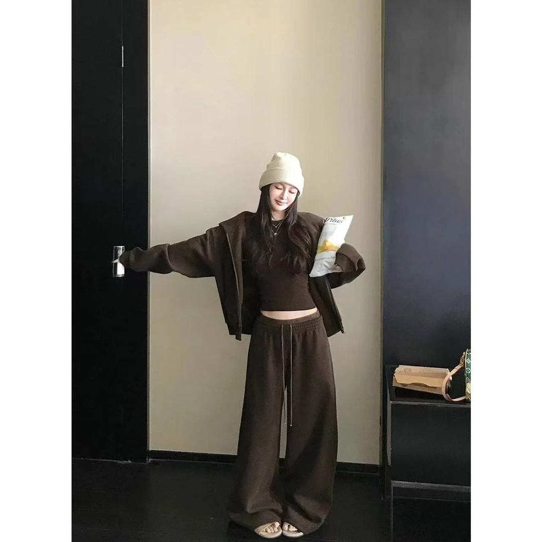 早秋松弛慵懒纯色外套+修身显瘦打底衫+宽松阔腿裤套装