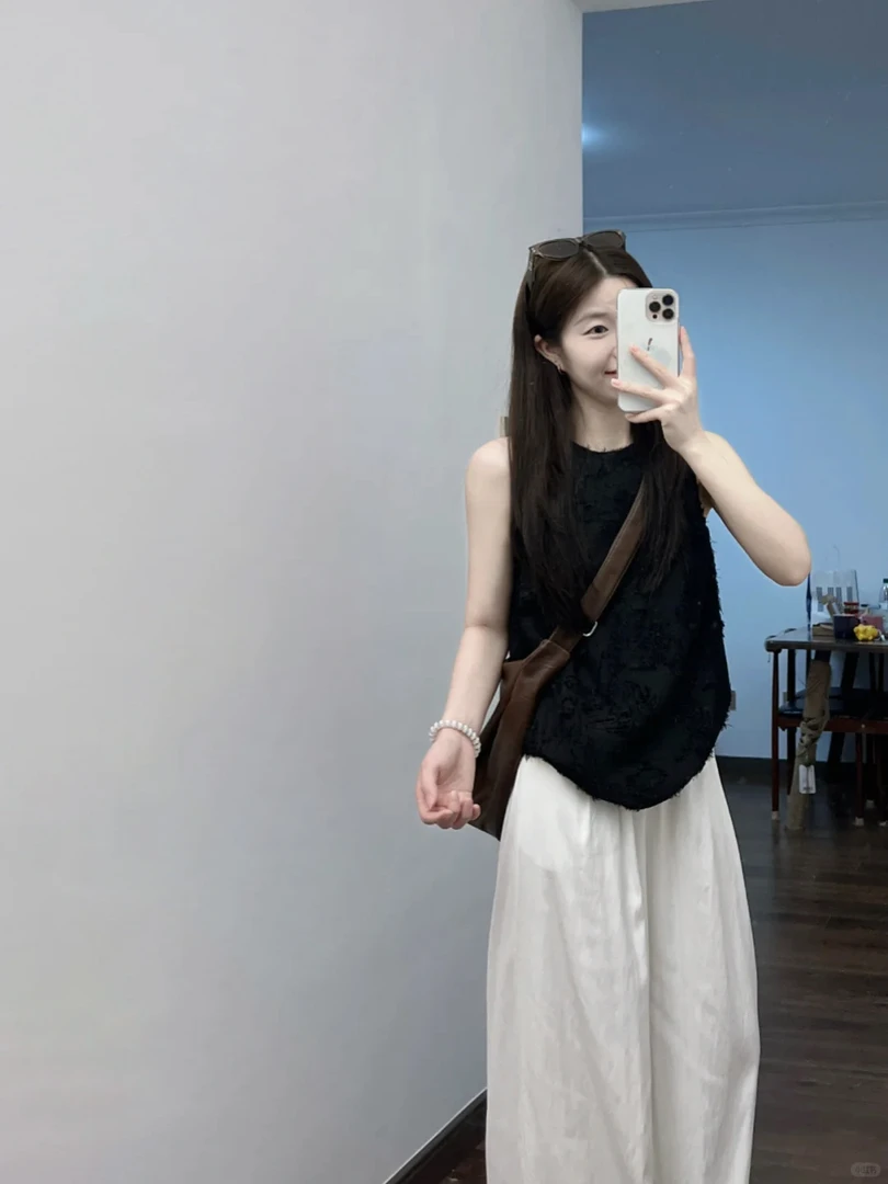 夏季薄款蕾丝提花无袖挂脖背心上衣小衫女高腰显瘦阔腿裤两件套女