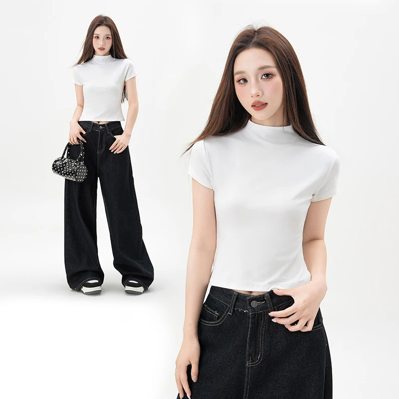2025新款卡戴珊辣妹小立领T恤气质小修身夏季短款上衣百搭显瘦