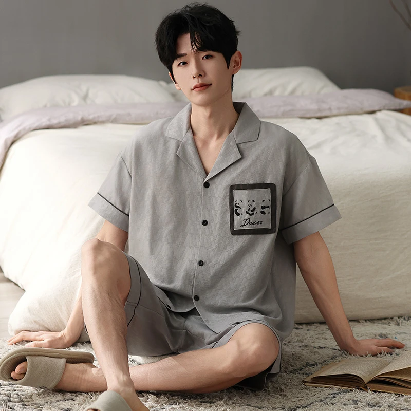 2025莉莉家男士睡衣新款灰熊猫短袖短裤开衫家居服套装可外穿