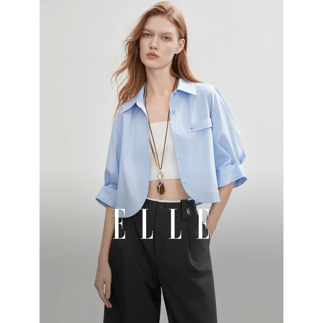 ELLE法式通勤风短款蓝色衬衫女2025夏日穿搭薄款百搭衬衣EC51466