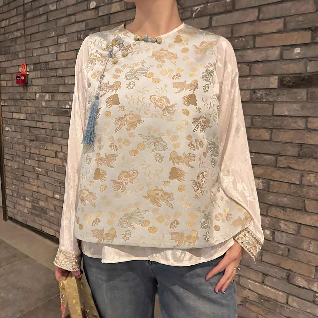 FF 3046｛金鱼•戏水｝新中式人丝宋锦织锦提花金鱼图案手工盘扣马甲