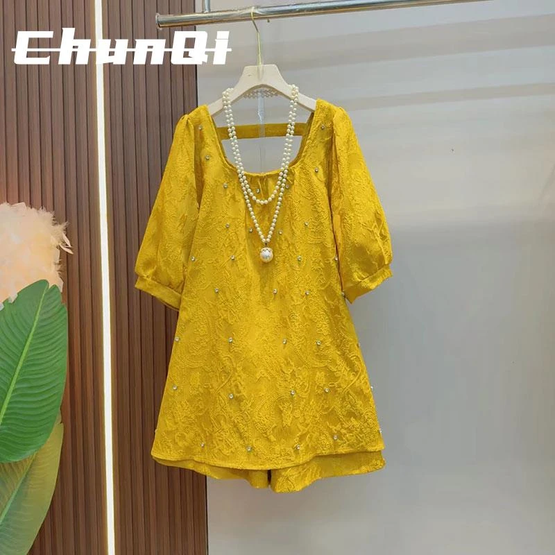 淳启胖MM钉珠暗花设计大衫上衣短裤两件套大码女装宽松夏季新款潮