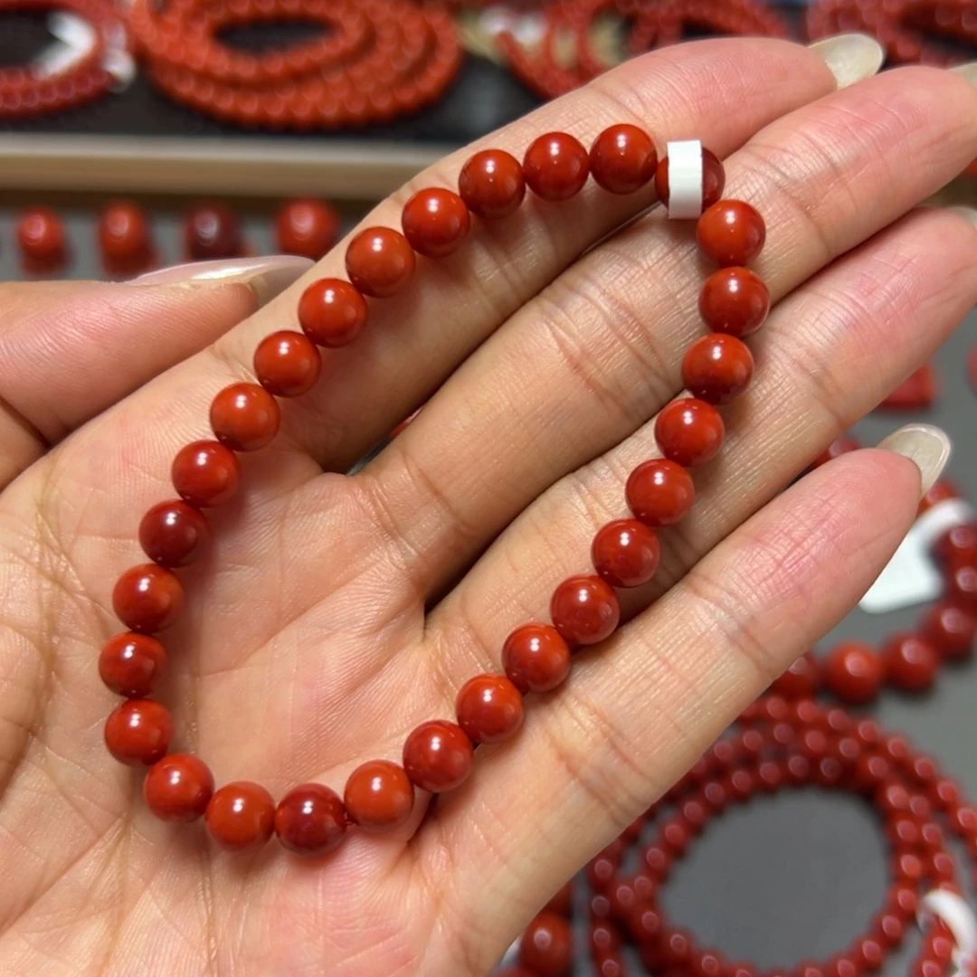 南红玛瑙未镶嵌手串 玫瑰红双色 约6.8mm 色肉兼具