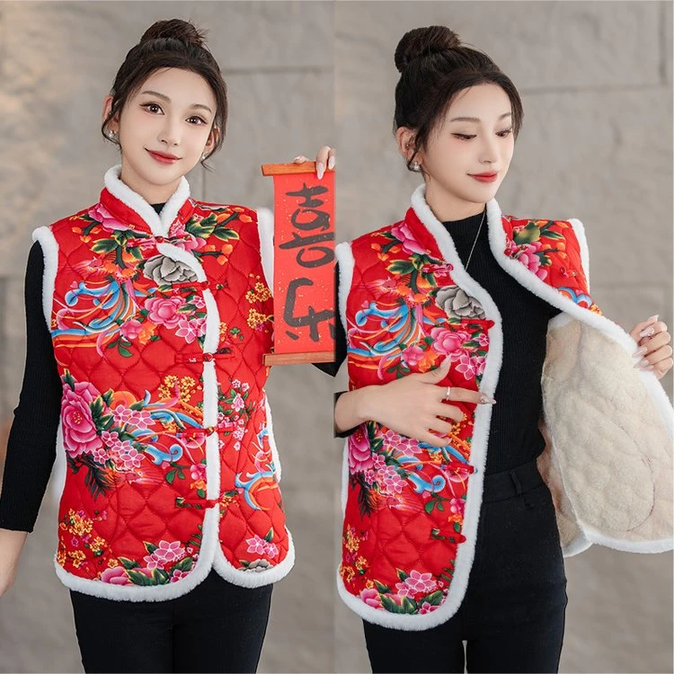 东北大花民族坎肩妈妈秋冬新中式马甲复古国风加绒保暖花棉袄女装