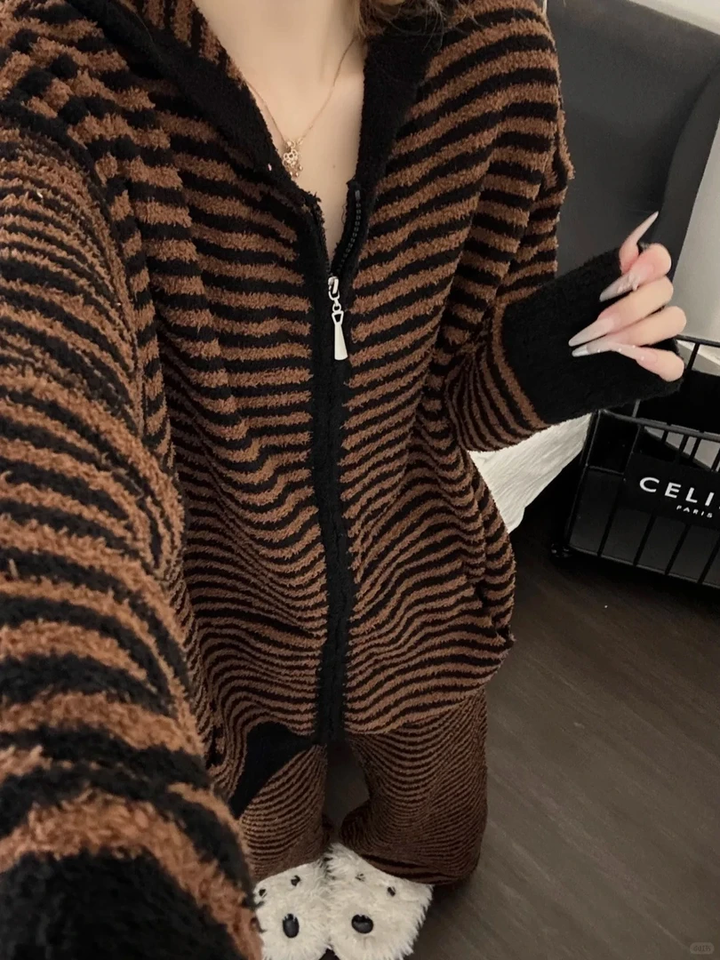 韩系连帽复古条纹针织半边绒睡衣女冬季2025新款保暖家居服套装冬