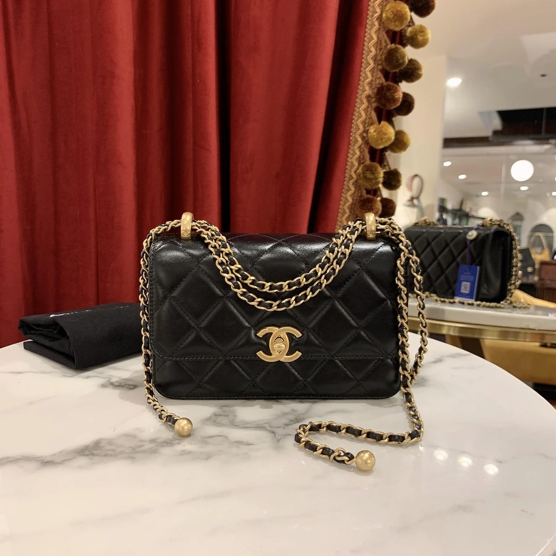 95新 Chanel/香奈儿 GGS21a双金珠19黑金牛皮芯片款72738373