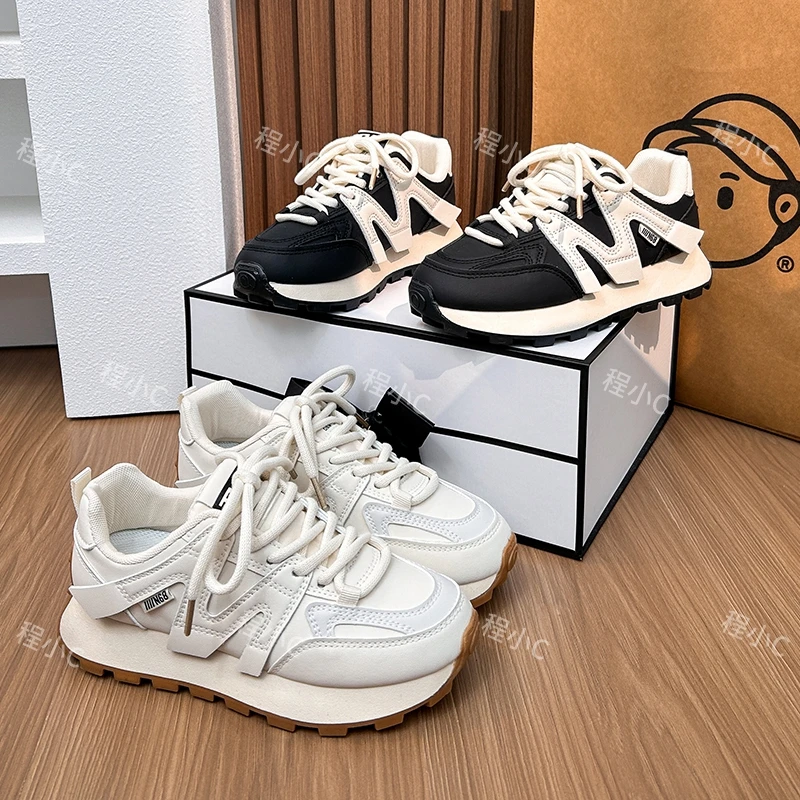 2025春季新款皮面厚底阿甘鞋女时尚舒适运动百搭增高休闲小白鞋