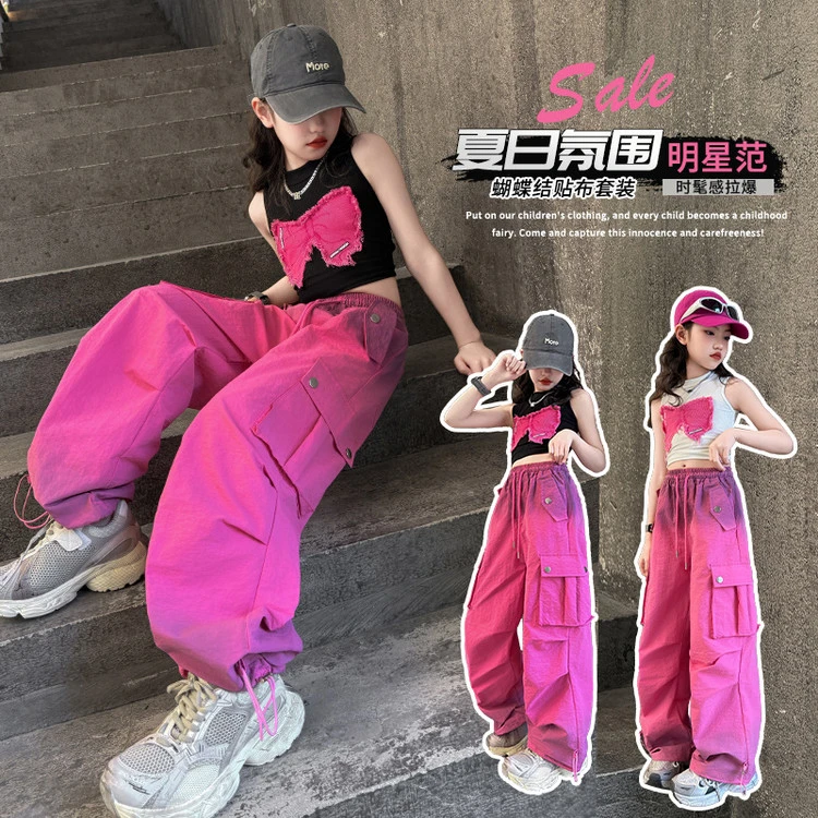 女童春夏款套装2025洋气新款儿童潮酷衣服女孩爵士舞恤工装裤潮