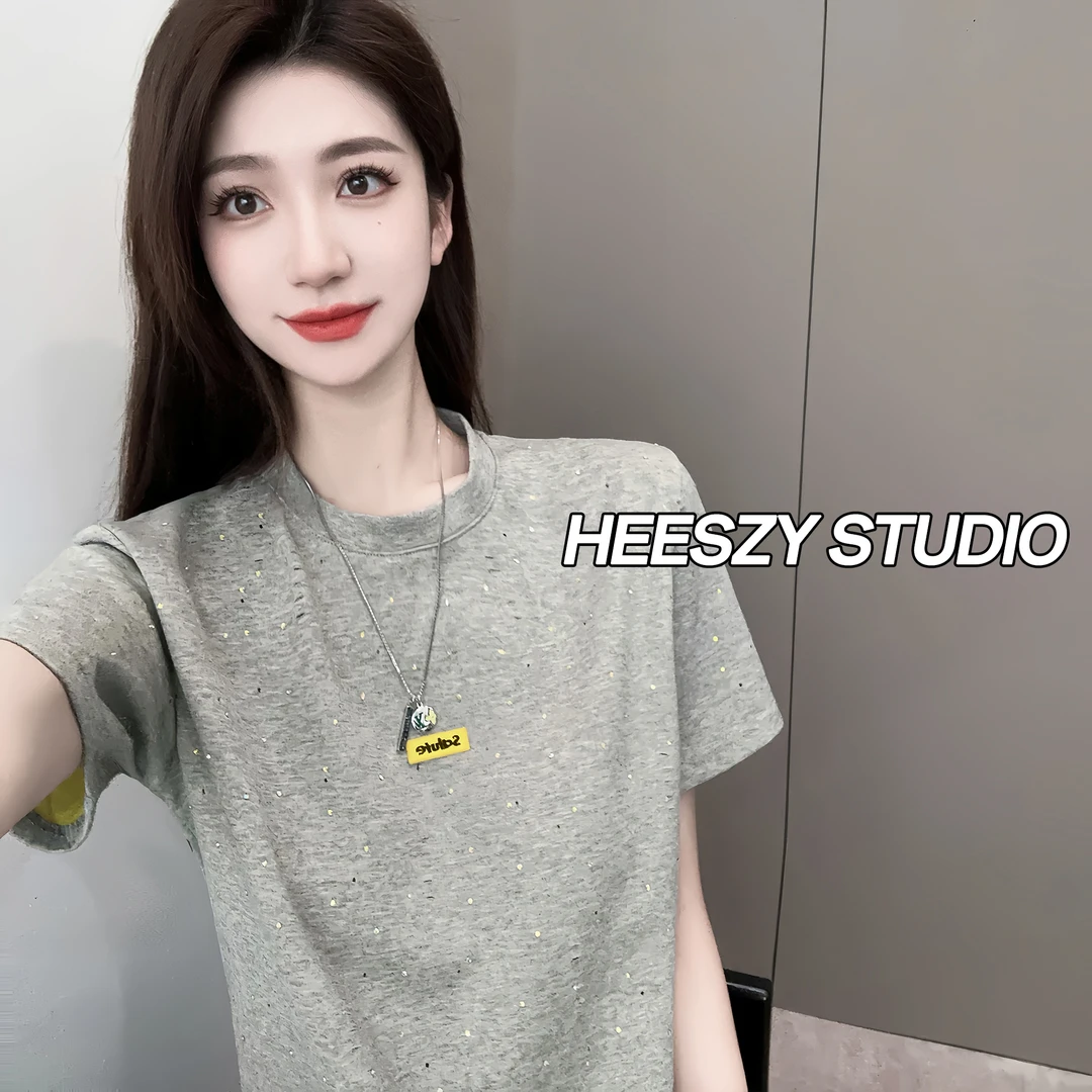 2025夏季烫彩钻修身T恤显瘦时尚休闲百搭设计感圆领短袖