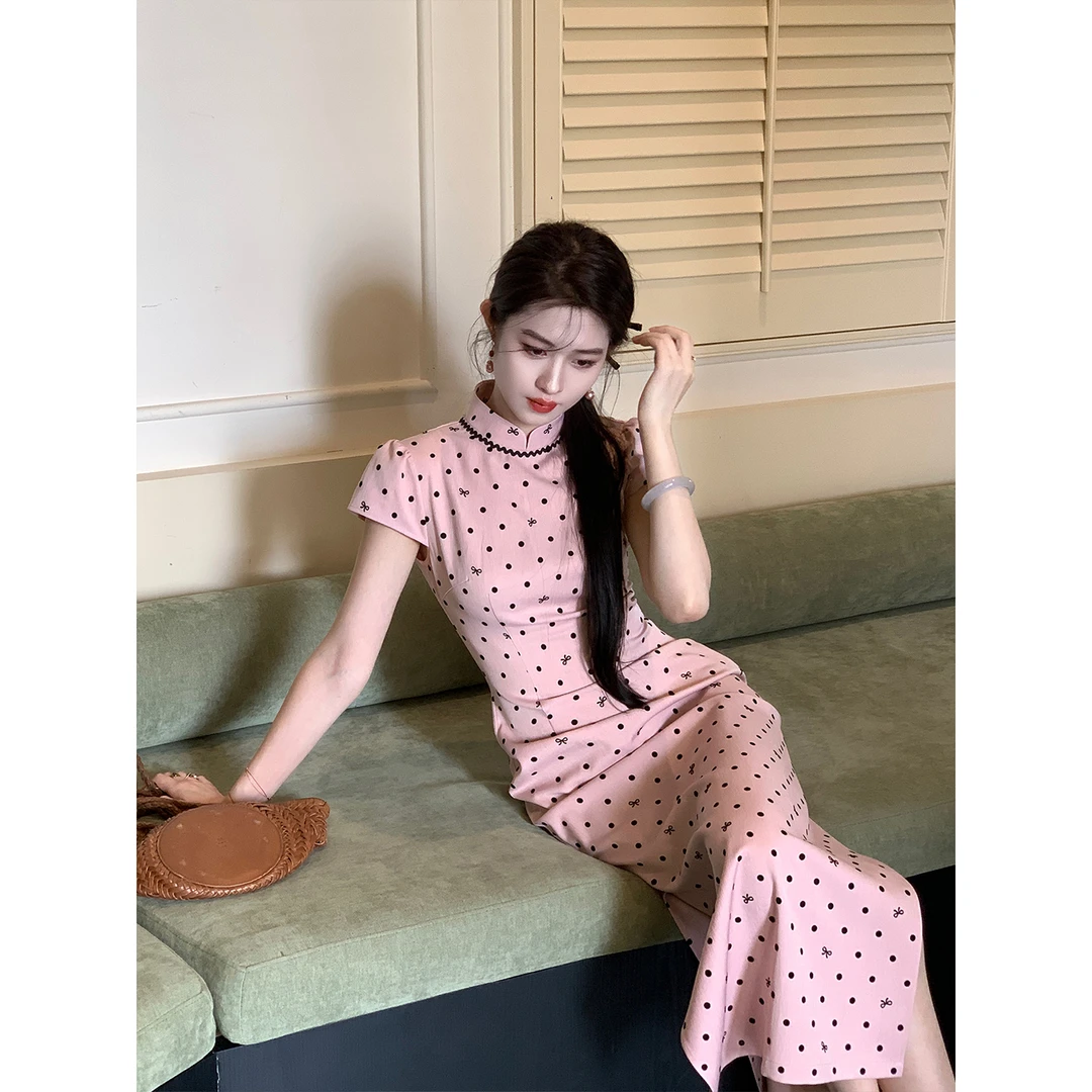 凌茜恣禾【落樱】国风新中式粉色植绒波点连衣裙氛围感改良旗袍裙