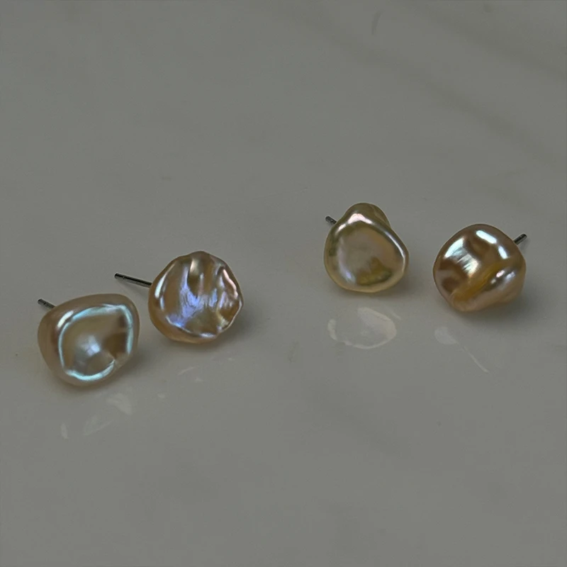 稀有极光淡金keshi碎银子天然巴洛克不规则异形珍珠耳钉s925银针