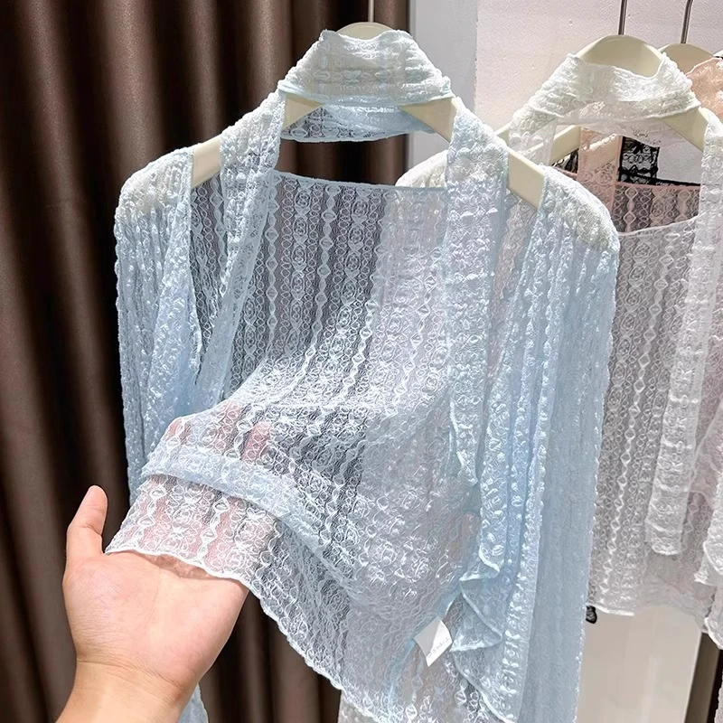 蓝色冰丝网纱防晒开衫女夏季吊带裙外搭披肩泡泡蝴蝶蕾丝薄罩衫潮