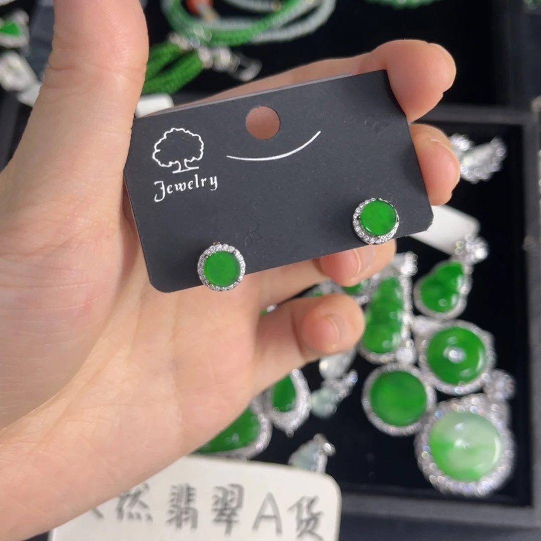 翡翠银S925镶嵌戒指一刀切圆牌耳钉