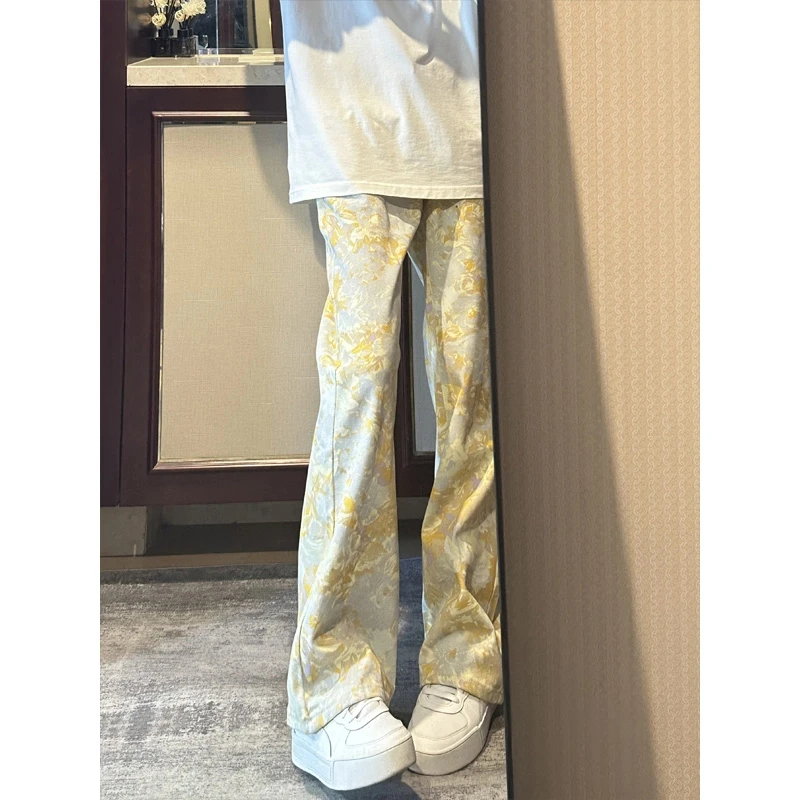 美式vibe满印牛仔裤男款秋冬穿搭高级感裤子显高显瘦修身微喇长裤