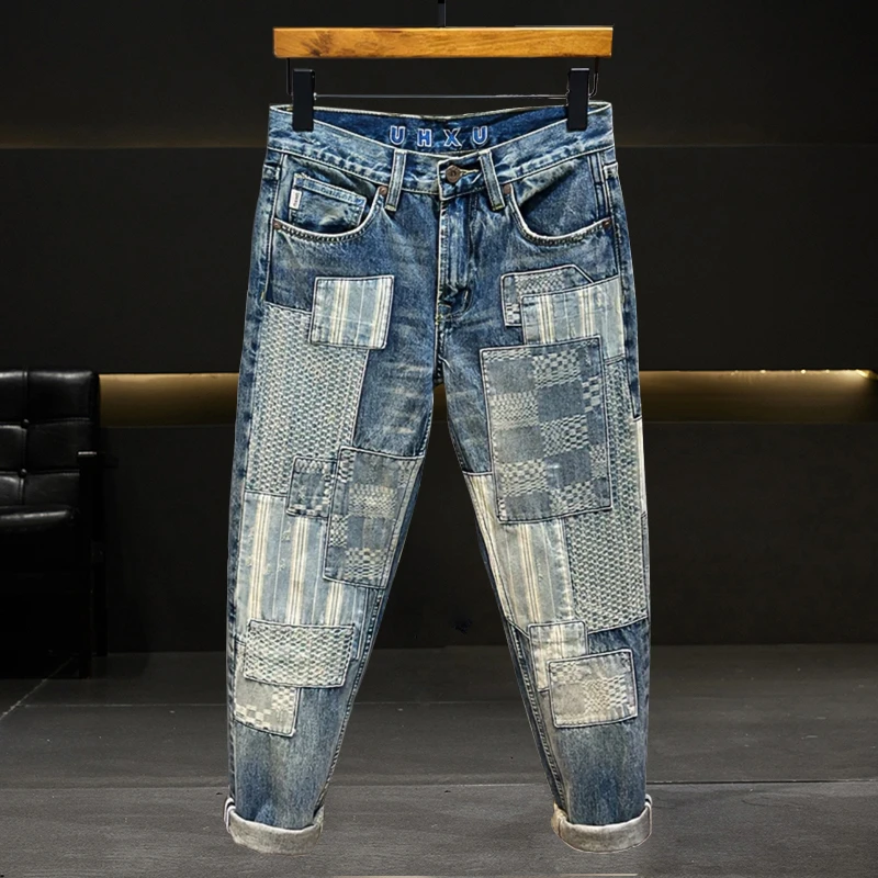 2025春款美式复古机车牛仔裤男潮牌个性痞帅拼接补丁贴布直筒长裤