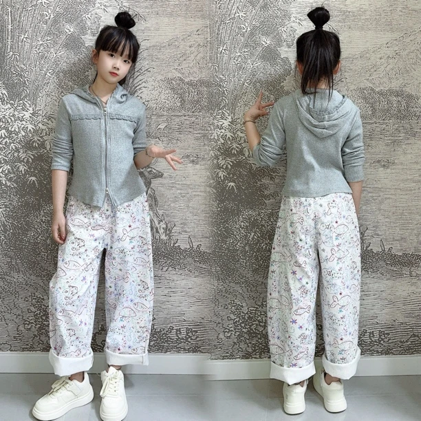 女童韩版洋气百搭阔腿裤2025新款女孩中大童宽松直筒拖地裤花裤