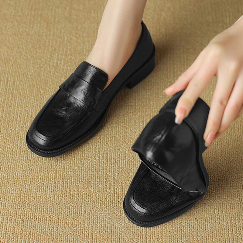 真皮轻奢深口乐福鞋春夏女鞋子女款潮牌百搭小众鞋子中粗跟单鞋女