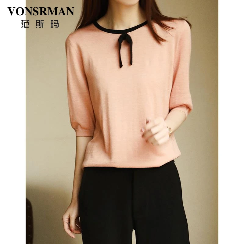 领口蝴蝶结点缀后背纽扣绢丝短袖针织套头上衣女春季新款显瘦衬衫