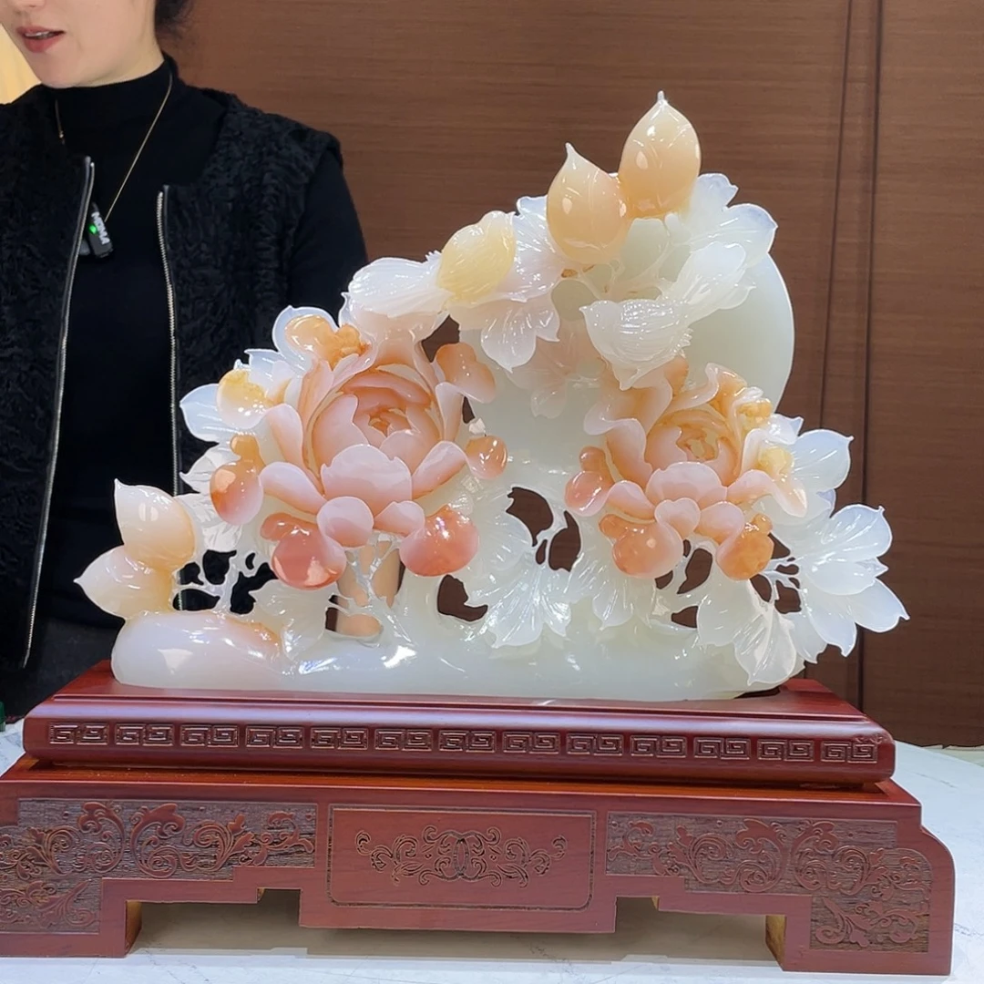 玉精品天然玉石牡丹花摆件
