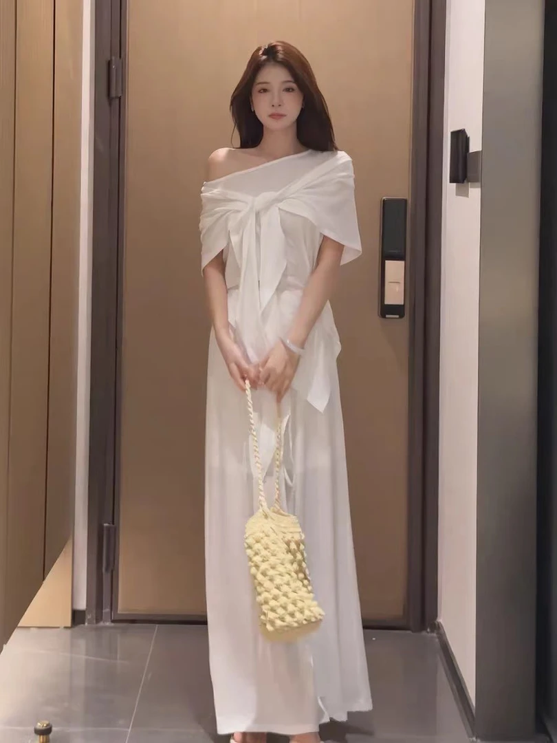 气质穿搭一整套女夏季新款白色斜肩T恤上衣+披肩半身裙三件套6518