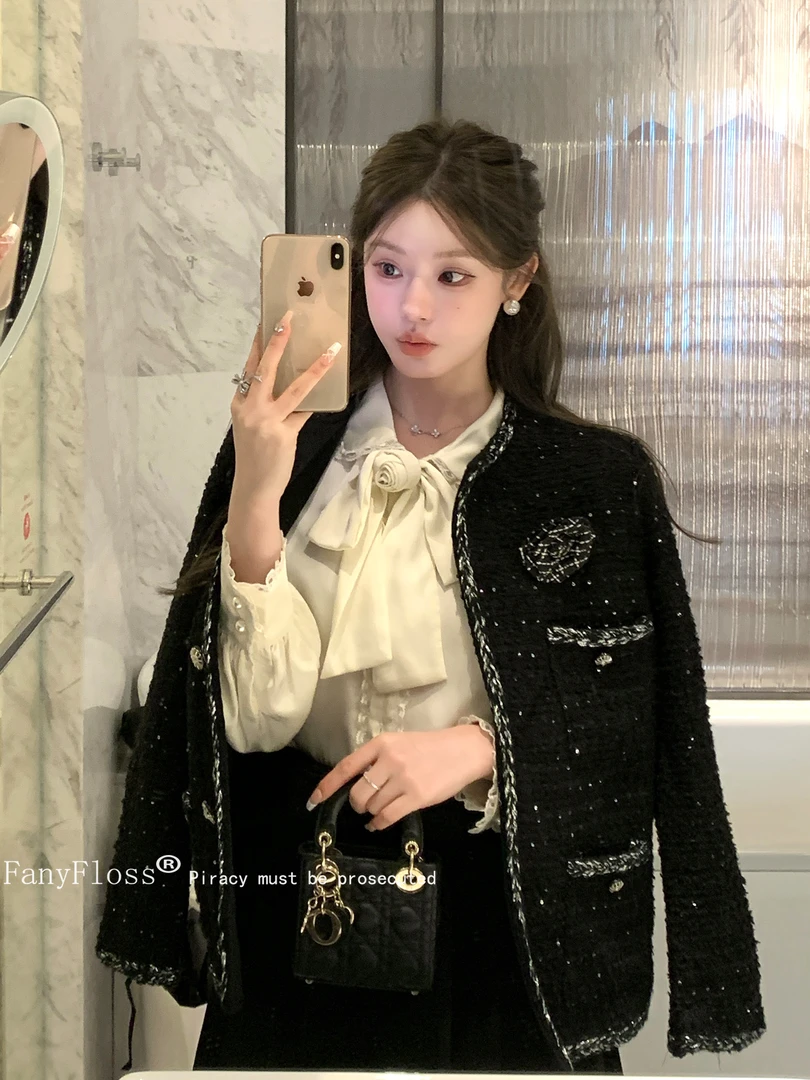 高级感显瘦黑色花朵亮片粗花呢短外套轻奢编织气质宽松长袖小西装