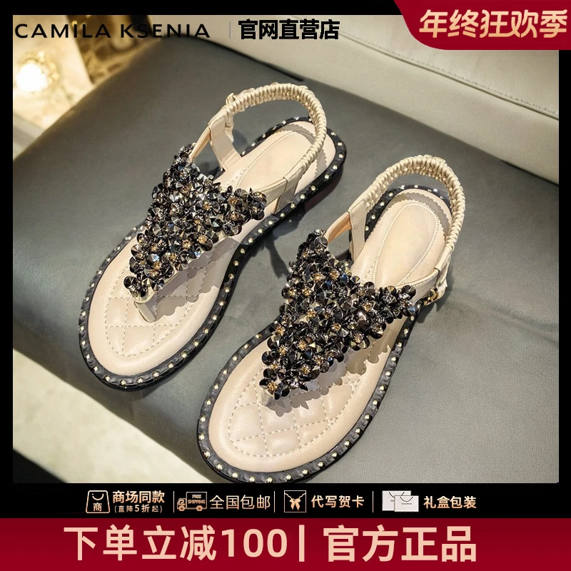 CAMILA KSENIA官方店秋冬夹趾凉鞋平底水钻罗马鞋拖鞋女鞋外穿